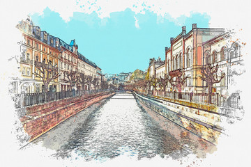 Watercolor sketch or illustration of a beautiful view of the canal and traditional European architecture in Karlovy Vary in the Czech Republic