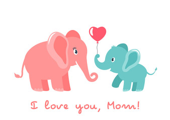 Cute funny baby elephant gives mother a heart. greeting card. Mother's Day holiday concept. flat vector illustration isolated