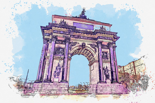Watercolor sketch or illustration of a beautiful view of the Triumphal Arch in Moscow in Russia. Architectural symbol of victory