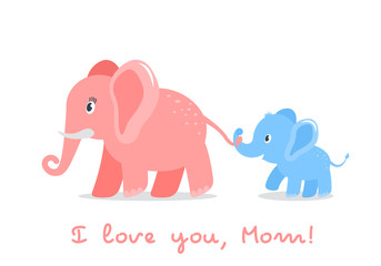 Obraz premium Funny character elephant son holds the tail of his mom. concept of love for parents and mother's day. flat vector illustration isolated