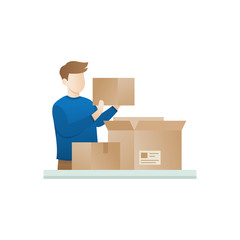 Young man open the package. Concept of unboxing of parcel. Excited men opening big cardbox. Video blogger concept, A man opens a package. Boy open the box in flat style. Characters vector illustration