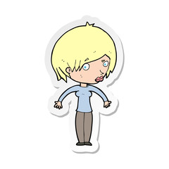 sticker of a cartoon woman shrugging