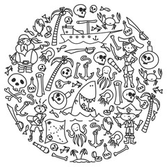 Obraz premium Vector set of pirates children's drawings icons in doodle style. Painted, black monochrome, pictures on a piece of paper on white background.