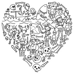 Vector set of pirates children's drawings icons in doodle style. Painted, black monochrome, pictures on a piece of paper on white background.