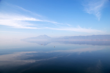 Koycegiz Lake view in Turkey. Lake landscape with cloud reflections. Mugla, Turkey.