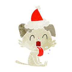retro cartoon of a panting dog wearing santa hat