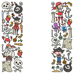 Vector set of pirates children's drawings icons in doodle style. Painted, colorful, pictures on a piece of paper on white background.