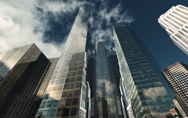 Fototapeta na wymiar Panorama of beautiful skyscrapers against the sky with clouds. 3d rendering