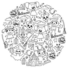 Halloween themed doodle set. Traditional and popular symbols - carved pumpkin, party costumes, witches, ghosts, monsters, vampires, skeletons, skulls, candles bats Isolated over white background.