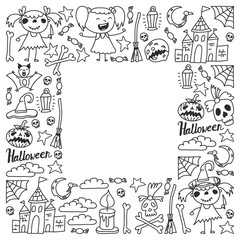 Halloween themed doodle set. Traditional and popular symbols - carved pumpkin, party costumes, witches, ghosts, monsters, vampires, skeletons, skulls, candles bats Isolated over white background.