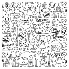 Halloween themed doodle set. Traditional and popular symbols - carved pumpkin, party costumes, witches, ghosts, monsters, vampires, skeletons, skulls, candles bats Isolated over white background.