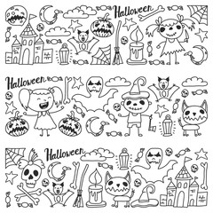 Halloween themed doodle set. Traditional and popular symbols - carved pumpkin, party costumes, witches, ghosts, monsters, vampires, skeletons, skulls, candles bats Isolated over white background.
