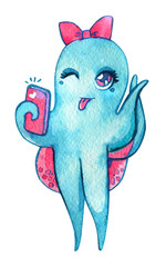 Octopus selfie bow smartphone watercolor isolated