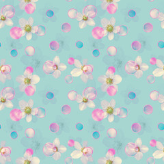 Spring seamless pattern with snowdrops and circles.