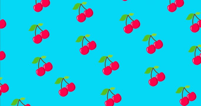 Background picture with cherries on the blue color screen. Wallpaper in art-pop style.