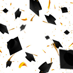Graduate caps and confetti on a white background. The caps come out from the side. Typography greeting, invitation card with diplomas. Hat.