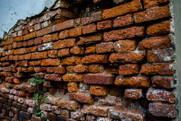 Ruins of an old brick wall in a hospital building