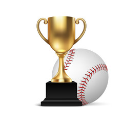 Realistic Vector 3d Blank Golden Champion Cup Icon wirh Baseball Set Closeup Isolated on White. Design Template of Championship Trophy. Sport Tournament Award, Gold Winner Cup and Victory Concept