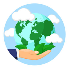 Healthy planet with green leaves in the hand of man. Logo.