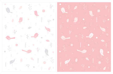 Cute Abstract Garden Vector Pattern. Lovely Hand Drawn Birds and Flowers on a White and Pink Background. Simple Infantile Floral Design. Nusery Art. Pink and Gray Birds in an Abstract Garden.