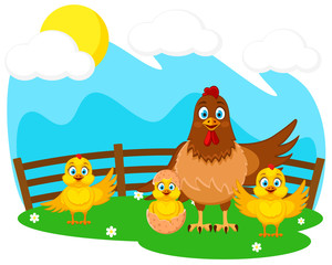 Mother hen and baby Chicks on the green lawn. Farm