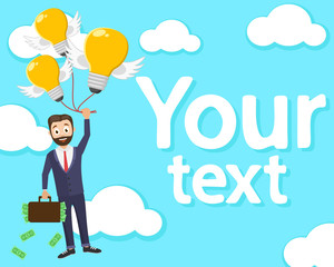 Businessman with a suitcase of money flies holding onto new ideas high in the sky.