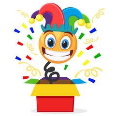 Cheerful smiley in a clown hat jumped out of the box on a white. April fool s day