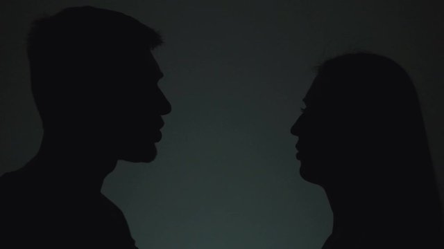 Silhouettes of man and woman. Shadows of men and women on a light background. The man and the woman swear, find out the relations. Slow motion.