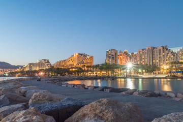 Sunset view of hotels in israeli resort Eilat, Israel.