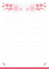 Vector printing paper note, optimal A4 size. Kawaii paper for notebook, diary, planners, letters, notes. Cute illustration with pink flowers. Abstract design, lined version