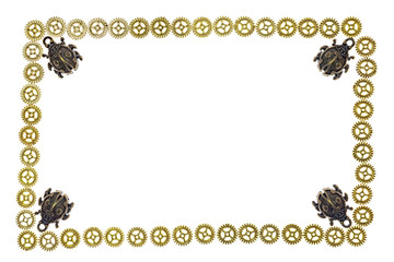 Decorative frame made of metal gears with iron beetles. Isolated on white background