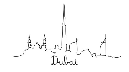 Naklejka premium One line style Dubai city skyline. Simple modern minimaistic style vector.