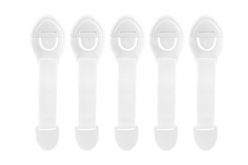 Isolated baby proof cabinet lock white plastic with flexible strap pack of five for ecommerce