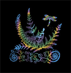 Color neon illustration of a dragonfly on a fern. Tattoo idea.