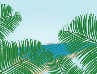 Summer card. Palm leafs in front of swimming pool on sunny day. vector illustration