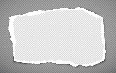White squared ripped notebook paper, torn note paper strips stuck on dark grey background. Vector illustration