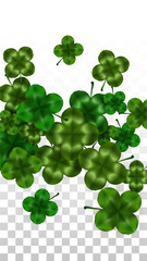 Vector Clover Leaf  Isolated on Transparent Background with Space for Text. St. Patrick's Day Illustration. Ireland's Lucky Shamrock Poster. Invintation for Concert in Pub. Top View. Success Symbols.