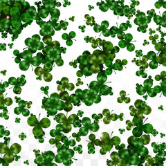 Vector Clover Leaf  Isolated on Transparent Background with Space for Text. St. Patrick's Day Illustration. Ireland's Lucky Shamrock Poster. Invintation for Concert in Pub. Top View. Success Symbols.