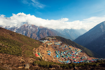 Everest Base Camp Trek. View of the Himalayan valley. The village of Namche bazar. Nepal.