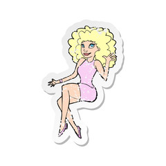 retro distressed sticker of a cartoon sitting woman waving