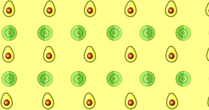 Background picture with avocados and kiwis on the yellow color screen. Wallpaper in art-pop style.