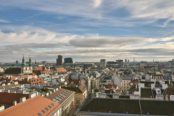 Obraz premium City of Vienna, Austria, January 16, 2019, View of the city of Vienna over the roofs of homes and the pigeons of the sunny city
