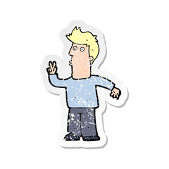 retro distressed sticker of a cartoon man giving peace sign