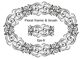 Floral ornate Wreath isolated on white background and brush. Horisontal oval Element. Vintage frame for Save the Date Card, Wedding invitation, Covers.