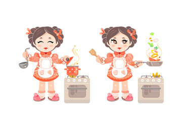 Little Girl Chef in Appron Cooking Delicious Food Vector Illustration. Kitchen Stove and Kitchen Tools
