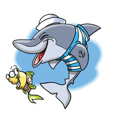 Cartoon marine dolphin and his cute little fish friend