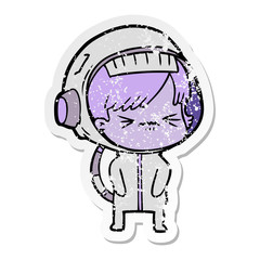distressed sticker of a cartoon astronaut woman