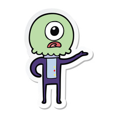 sticker of a cartoon cyclops alien spaceman explaining
