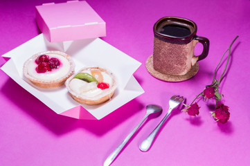 Coffee with sweets. Mug and cakes. Dessert appliances.