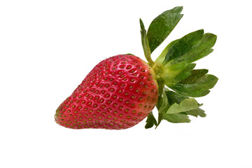 Ripe, juicy strawberries with green leaves on a neutral white background.
